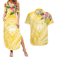 Aloha Hawaii Oahu Couples Matching Summer Maxi Dress and Hawaiian Shirt Wahine with Ilima Lei LT7 Yellow - Polynesian Pride