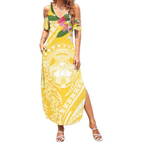 Aloha Hawaii Oahu Family Matching Summer Maxi Dress and Hawaiian Shirt Wahine with Ilima Lei LT7 Mom's Dress Yellow - Polynesian Pride