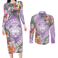 Aloha Hawaii Kauai Couples Matching Long Sleeve Bodycon Dress and Long Sleeve Button Shirt Frangipani Mix Mokihana Lei LT7 Purple - Polynesian Pride