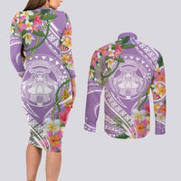 Aloha Hawaii Kauai Couples Matching Long Sleeve Bodycon Dress and Long Sleeve Button Shirt Frangipani Mix Mokihana Lei LT7 - Polynesian Pride