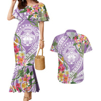 Aloha Hawaii Kauai Couples Matching Mermaid Dress and Hawaiian Shirt Frangipani Mix Mokihana Lei LT7 Purple - Polynesian Pride