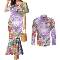 Aloha Hawaii Kauai Couples Matching Mermaid Dress and Long Sleeve Button Shirt Frangipani Mix Mokihana Lei LT7 Purple - Polynesian Pride