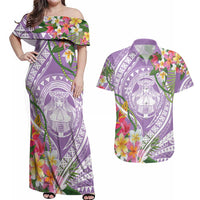 Aloha Hawaii Kauai Couples Matching Off Shoulder Maxi Dress and Hawaiian Shirt Frangipani Mix Mokihana Lei LT7 Purple - Polynesian Pride
