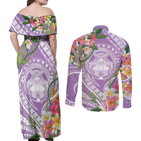 Aloha Hawaii Kauai Couples Matching Off Shoulder Maxi Dress and Long Sleeve Button Shirt Frangipani Mix Mokihana Lei LT7 - Polynesian Pride