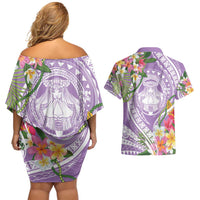 Aloha Hawaii Kauai Couples Matching Off Shoulder Short Dress and Hawaiian Shirt Frangipani Mix Mokihana Lei LT7 - Polynesian Pride