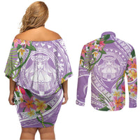 Aloha Hawaii Kauai Couples Matching Off Shoulder Short Dress and Long Sleeve Button Shirt Frangipani Mix Mokihana Lei LT7 - Polynesian Pride
