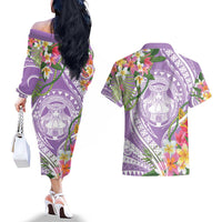 Aloha Hawaii Kauai Couples Matching Off The Shoulder Long Sleeve Dress and Hawaiian Shirt Frangipani Mix Mokihana Lei LT7 - Polynesian Pride
