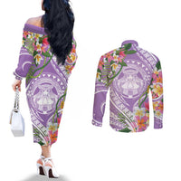Aloha Hawaii Kauai Couples Matching Off The Shoulder Long Sleeve Dress and Long Sleeve Button Shirt Frangipani Mix Mokihana Lei LT7 - Polynesian Pride
