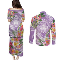 Aloha Hawaii Kauai Couples Matching Puletasi and Long Sleeve Button Shirt Frangipani Mix Mokihana Lei LT7 - Polynesian Pride