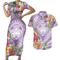 Aloha Hawaii Kauai Couples Matching Short Sleeve Bodycon Dress and Hawaiian Shirt Frangipani Mix Mokihana Lei LT7 Purple - Polynesian Pride