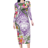 Aloha Hawaii Kauai Long Sleeve Bodycon Dress Frangipani Mix Mokihana Lei LT7 Long Dress Purple - Polynesian Pride