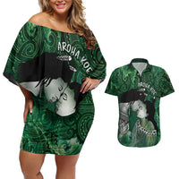 New Zealand Aroha Koe Mama Couples Matching Off Shoulder Short Dress and Hawaiian Shirt Maori Hongi - Pounamu LT7 Green - Polynesian Pride