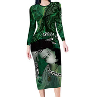 New Zealand Aroha Koe Mama Family Matching Long Sleeve Bodycon Dress and Hawaiian Shirt Maori Hongi - Pounamu LT7 Mom's Dress Green - Polynesian Pride