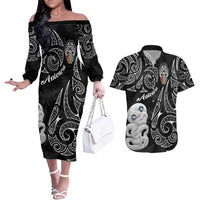 Kia Hara Te reo Maori Couples Matching Off The Shoulder Long Sleeve Dress and Hawaiian Shirt Manaia Moko Pattern LT7 Black - Polynesian Pride