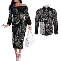 Kia Hara Te reo Maori Couples Matching Off The Shoulder Long Sleeve Dress and Long Sleeve Button Shirt Manaia Moko Pattern