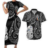 Kia Hara Te reo Maori Couples Matching Short Sleeve Bodycon Dress and Hawaiian Shirt Manaia Moko Pattern LT7 Black - Polynesian Pride