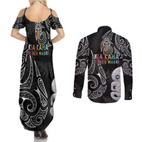 Kia Hara Te reo Maori Couples Matching Summer Maxi Dress and Long Sleeve Button Shirt Manaia Moko Pattern