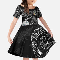 Kia Hara Te reo Maori Family Matching Off The Shoulder Long Sleeve Dress and Hawaiian Shirt Manaia Moko Pattern LT7 Daughter's Dress Black - Polynesian Pride