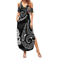 Kia Hara Te reo Maori Family Matching Summer Maxi Dress and Hawaiian Shirt Manaia Moko Pattern LT7 Mom's Dress Black - Polynesian Pride