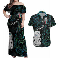 Kia Hara Te reo Maori Couples Matching Off Shoulder Maxi Dress and Hawaiian Shirt Manaia Moko Mix Paua Shell LT7 Green - Polynesian Pride