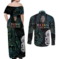Kia Hara Te reo Maori Couples Matching Off Shoulder Maxi Dress and Long Sleeve Button Shirt Manaia Moko Mix Paua Shell LT7 - Polynesian Pride