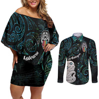 Kia Hara Te reo Maori Couples Matching Off Shoulder Short Dress and Long Sleeve Button Shirt Manaia Moko Mix Paua Shell LT7 Green - Polynesian Pride