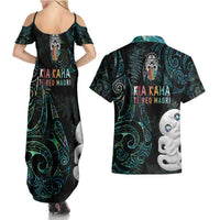 Kia Hara Te reo Maori Couples Matching Summer Maxi Dress and Hawaiian Shirt Manaia Moko Mix Paua Shell LT7 - Polynesian Pride