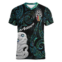 Kia Hara Te reo Maori Women V-Neck T-Shirt Manaia Moko Mix Paua Shell LT7 Female Green - Polynesian Pride