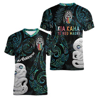 Kia Hara Te reo Maori Women V-Neck T-Shirt Manaia Moko Mix Paua Shell LT7 - Polynesian Pride