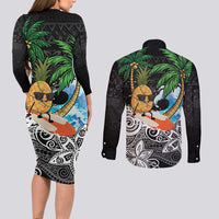 Tropical Christmas Polynesian Couples Matching Long Sleeve Bodycon Dress and Long Sleeve Button Shirt Funny Surfing Pineapple LT7 - Polynesian Pride