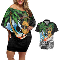 Tropical Christmas Polynesian Couples Matching Off Shoulder Short Dress and Hawaiian Shirt Funny Surfing Pineapple LT7 Black - Polynesian Pride