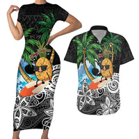 Tropical Christmas Polynesian Couples Matching Short Sleeve Bodycon Dress and Hawaiian Shirt Funny Surfing Pineapple LT7 Black - Polynesian Pride