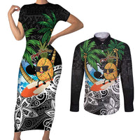 Tropical Christmas Polynesian Couples Matching Short Sleeve Bodycon Dress and Long Sleeve Button Shirt Funny Surfing Pineapple LT7 Black - Polynesian Pride