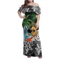 Tropical Christmas Polynesian Family Matching Off Shoulder Maxi Dress and Hawaiian Shirt Funny Surfing Pineapple LT7 Mom's Dress Black - Polynesian Pride