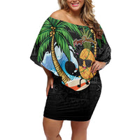 Tropical Christmas Polynesian Family Matching Off Shoulder Short Dress and Hawaiian Shirt Funny Surfing Pineapple LT7 Mom's Dress Black - Polynesian Pride
