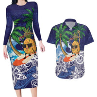 Tropical Christmas Polynesian Couples Matching Long Sleeve Bodycon Dress and Hawaiian Shirt Funny Surfing Pineapple Blue LT7 Blue - Polynesian Pride