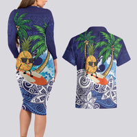 Tropical Christmas Polynesian Couples Matching Long Sleeve Bodycon Dress and Hawaiian Shirt Funny Surfing Pineapple Blue LT7 - Polynesian Pride
