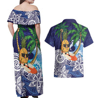 Tropical Christmas Polynesian Couples Matching Off Shoulder Maxi Dress and Hawaiian Shirt Funny Surfing Pineapple Blue LT7 - Polynesian Pride