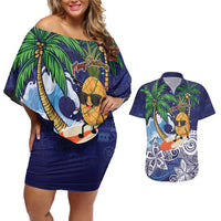 Tropical Christmas Polynesian Couples Matching Off Shoulder Short Dress and Hawaiian Shirt Funny Surfing Pineapple Blue LT7 Blue - Polynesian Pride