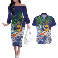 Tropical Christmas Polynesian Couples Matching Off The Shoulder Long Sleeve Dress and Hawaiian Shirt Funny Surfing Pineapple Blue LT7 Blue - Polynesian Pride