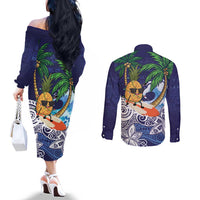 Tropical Christmas Polynesian Couples Matching Off The Shoulder Long Sleeve Dress and Long Sleeve Button Shirt Funny Surfing Pineapple Blue LT7 - Polynesian Pride