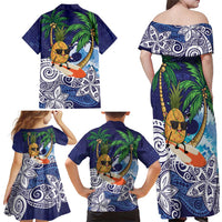 Tropical Christmas Polynesian Family Matching Off Shoulder Maxi Dress and Hawaiian Shirt Funny Surfing Pineapple Blue LT7 - Polynesian Pride
