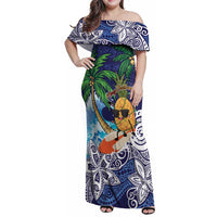 Tropical Christmas Polynesian Family Matching Off Shoulder Maxi Dress and Hawaiian Shirt Funny Surfing Pineapple Blue LT7 Mom's Dress Blue - Polynesian Pride