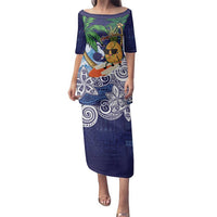 Tropical Christmas Polynesian Family Matching Puletasi and Hawaiian Shirt Funny Surfing Pineapple Blue LT7 Mom's Dress Blue - Polynesian Pride