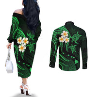 Hawaii Couples Off The Shoulder Long Sleeve Dress and Long Sleeve Button Shirts Niihau Islands Polynesian Sunset Plumeria Green Vibe LT9 - Polynesian Pride