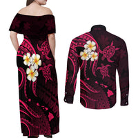 Hawaii Couples Off Shoulder Maxi Dress and Long Sleeve Button Shirts Niihau Islands Polynesian Sunset Plumeria Pink Vibe LT9 - Polynesian Pride