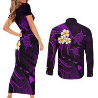 Polynesian Hawaii Couples Short Sleeve Bodycon Dress and Long Sleeve Button Shirts Niihau Islands with Pacific Plumeria Purple Vibe LT9 - Polynesian Pride
