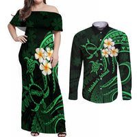 Hawaii Couples Off Shoulder Maxi Dress and Long Sleeve Button Shirts Molokai Islands Polynesian Sunset Plumeria Green Vibe LT9 Green - Polynesian Pride