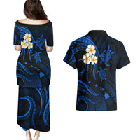Hawaii Couples Puletasi Dress and Hawaiian Shirt Lanai Islands Polynesian Sunset Plumeria Blue Vibe LT9 - Polynesian Pride