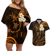 Hawaii Couples Off Shoulder Short Dress and Hawaiian Shirt Lanai Islands Polynesian Sunset Plumeria Gold Vibe LT9 Gold - Polynesian Pride